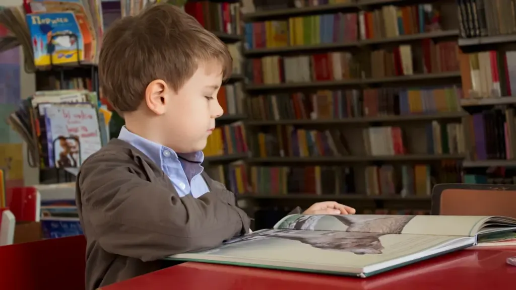 Ein Junge liest konzentriert in einem Buch in einer öffentlichen Bibliothek in Deutschland.